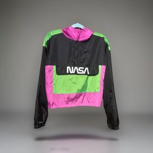 Hyper Space NASA Neon Cropped Pullover Windbreaker Sz XL Jacket Hoodie Colorful